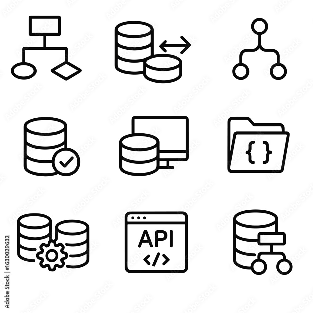 Poster database design icons. outline icon set of database design and development: er diagram, schema migra