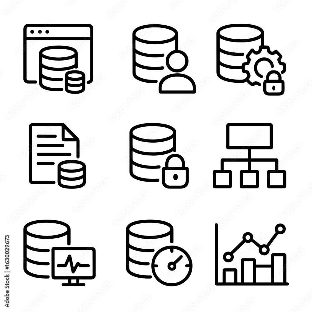 Poster database management icons. outline icon set of database management: admin panel, user roles, permiss