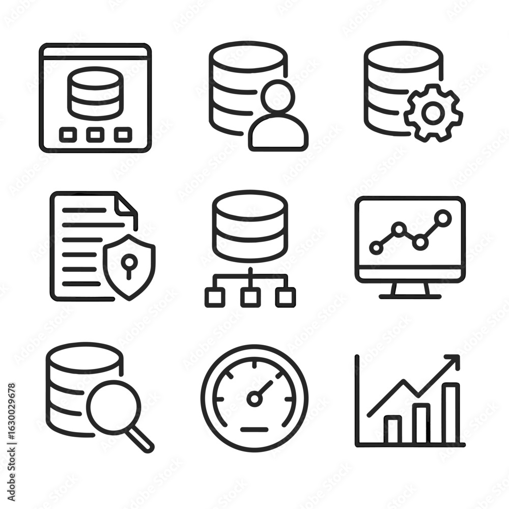 Poster database management icons. outline icon set of database management: admin panel, user roles, permiss