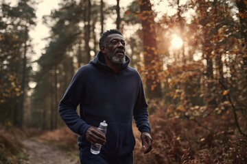 Senior man walking in autumn forest at sunrise holding water bottle, active lifestyle for Alzheimer’s prevention, peaceful golden hour moment promoting healthy aging and mental wellbeing