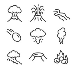 Obraz premium Volcanic Activity Icons. Outline icon set of volcanic activity signs: eruption cloud, lava fountain, magma flow, volcanic bomb,