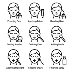 Fototapeta premium Makeup and Hair Icons. Outline icon set of makeup by steps: prepping face, applying primer, blending base, setting powder,
