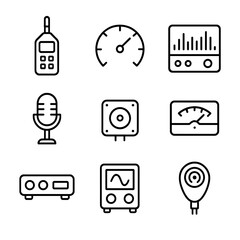 Decibel Measurement Icon Set. Outline icon set of decibel measurement tools: decibel meter, sound level indicator, audio spectrum