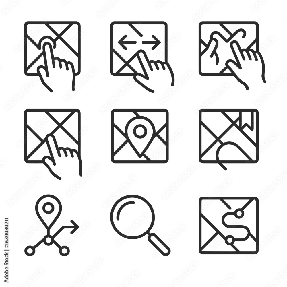 Poster map interaction icons. outline icon set of user interactions on maps: tap, swipe, pinch zoom, drag m