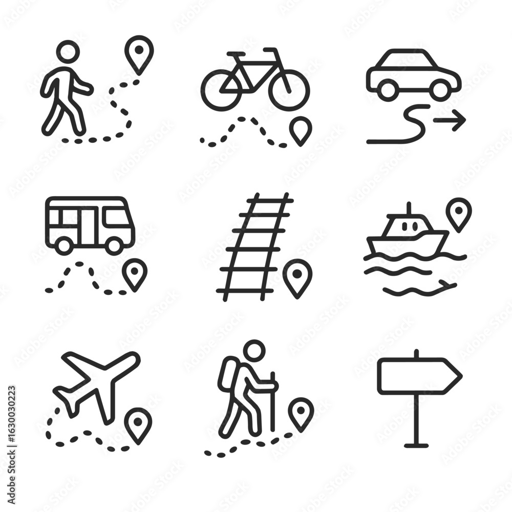 Poster map route icons. outline icon set of map routes and paths: walking path, cycling route, driving dire