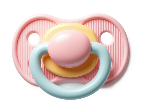 Pastel baby pacifier with textured shield and ring isolated on a transparent background pink yellow