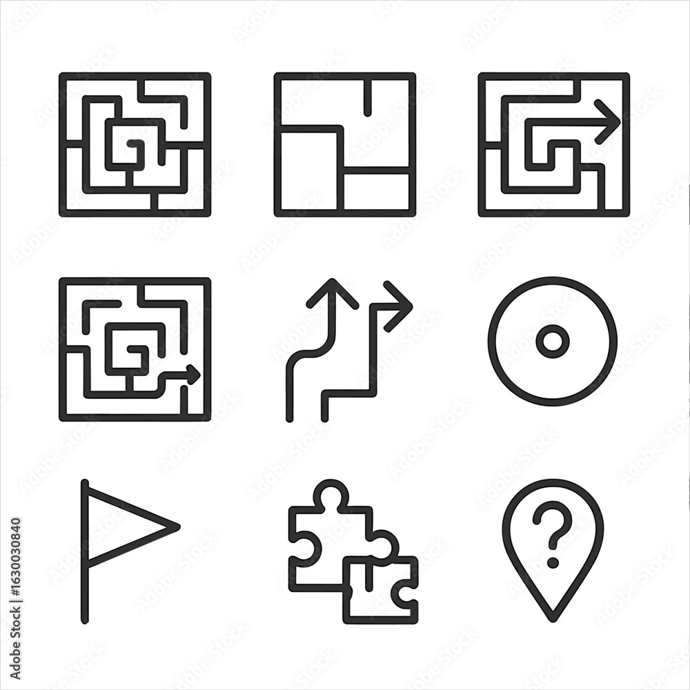 Poster maze icons set. outline icon set of maze and puzzle paths: maze layout, dead end, exit, pathfinding,
