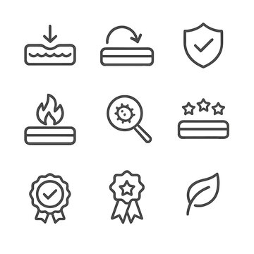 Mattress Testing Icons. Outline icon set of mattress testing and certification: pressure test, durability test, safety