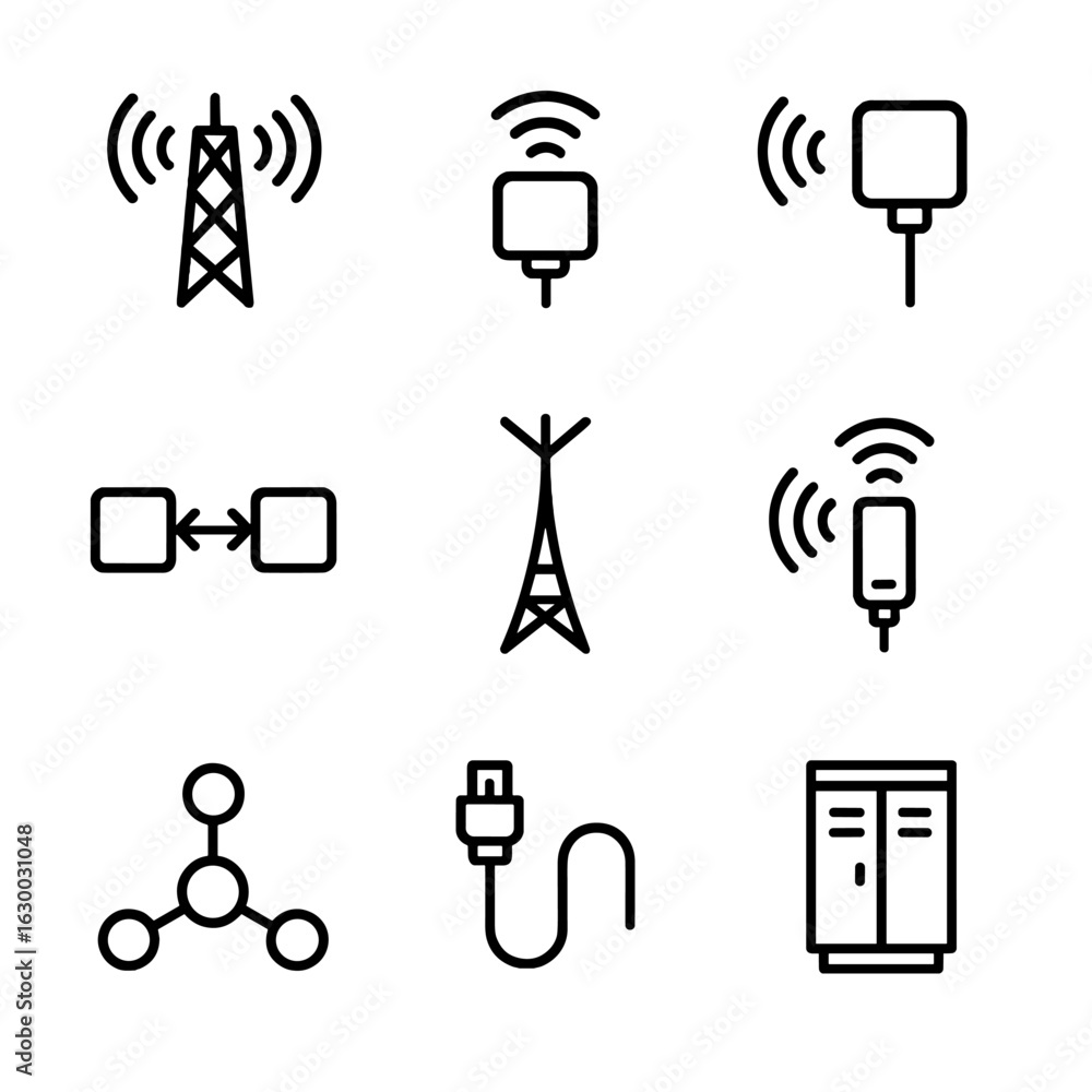 Poster wireless icons grid. outline icon set of wireless infrastructure: cell tower, small cell node, acces