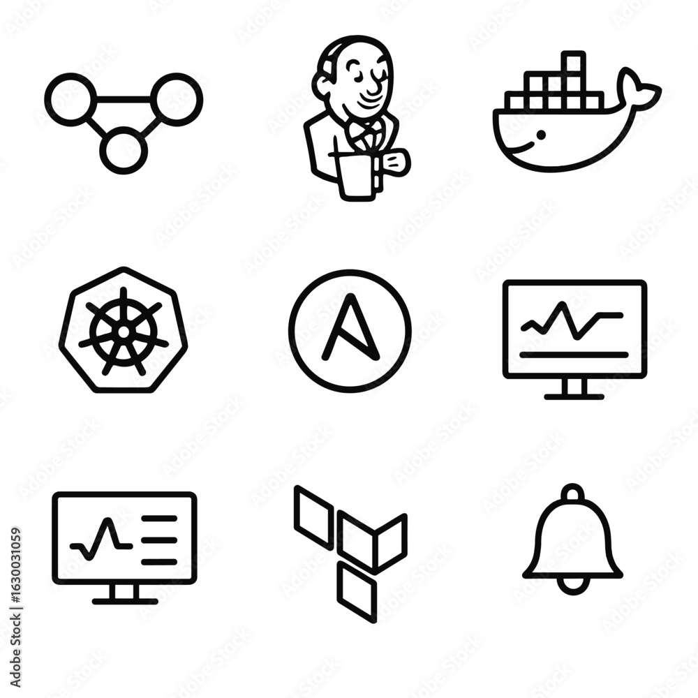 Poster deployment tools icons. outline icon set of deployment automation tools: ci/cd pipeline, jenkins, do