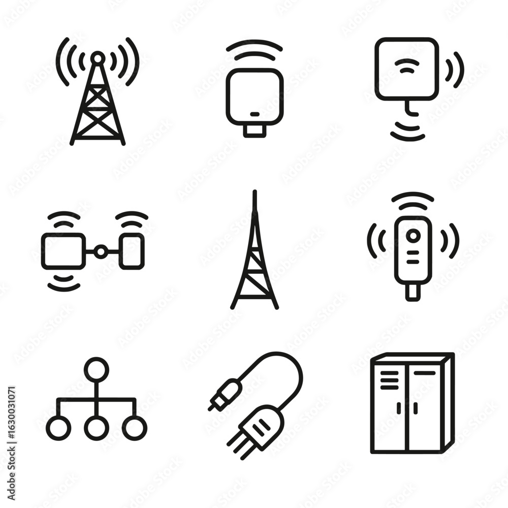Poster wireless icons grid. outline icon set of wireless infrastructure: cell tower, small cell node, acces