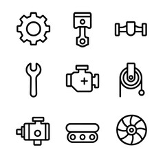 Mechanical Icons Grid. Outline icon set of mechanical power: gear, piston, crankshaft, engine, wrench, pulley, hydraulic pump,