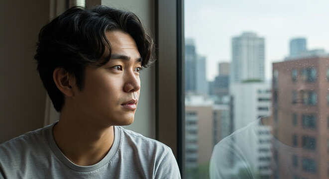 Pensive young man gazes out a window at a cityscape, contemplating the urban landscape.