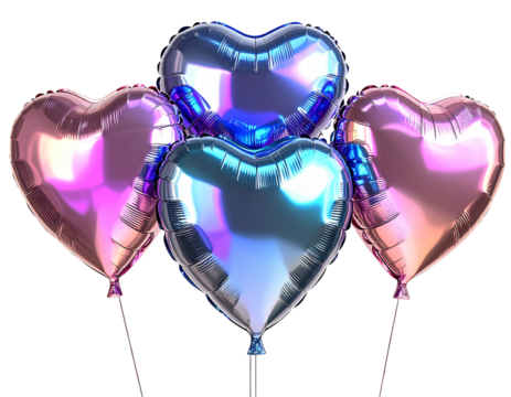  3D 홀로그램 하트 풍선, 로맨틱 파스텔 핑크톤 배경에 떠 있는 장면, 정면 뷰, 흰색 배경에서 분리