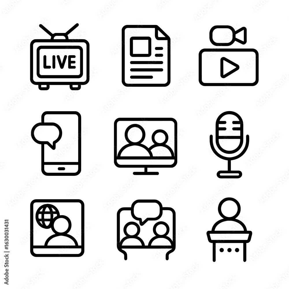 Poster media coverage icons. outline icon set of coverage in media: live broadcast, news coverage, event st