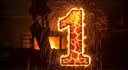 Fiery sparks illuminate number one in industrial foundry metalworking scene dramatic perspective nighttime environment