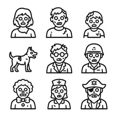 Zombie Icon Set. Outline icon set of zombie characters: female zombie, male zombie, child zombie, zombie dog, zombie scientist,