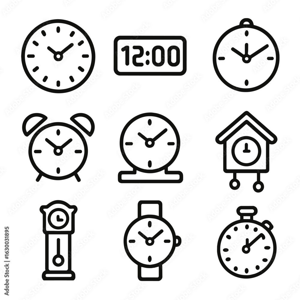 Aufkleber clock icon set. outline icon set of clock types: analog clock, digital clock, wall clock, alarm cloc