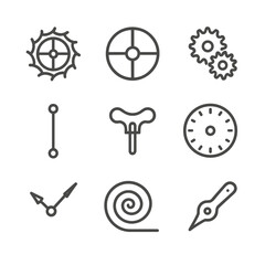 Obraz premium Clock Mechanics Icons. Outline icon set of clock mechanics: escapement wheel, balance wheel, gear train, pendulum rod, winding key