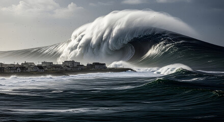 Powerful tsunami wave strikes coastal town dramatic ocean scene stormy weather aerial view nature's fury