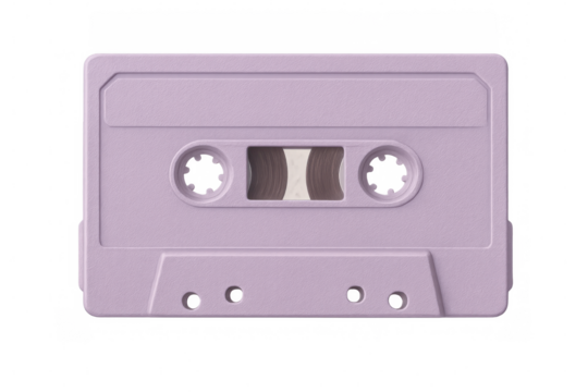 Purple audio cassette tape isolated on transparent background, representing nostalgia, music, and retro technology