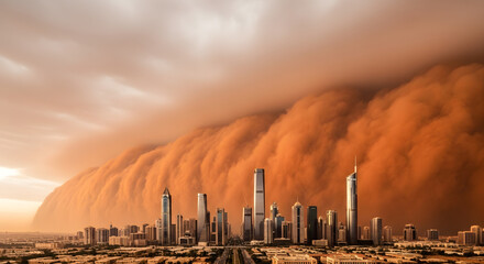 Dramatic sandstorm approaches urban skyline dubai nature photography evening light wide-angle view atmospheric phenomenon