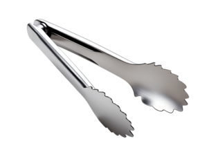 Polished metal kitchen tongs with serrated gripping ends isolated on a transparent background utensil