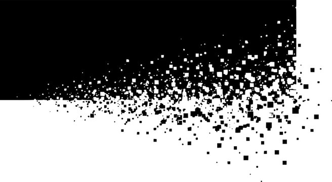 Black rectangular shape dissolving into scattered pixels on a white background depicting disintegration
