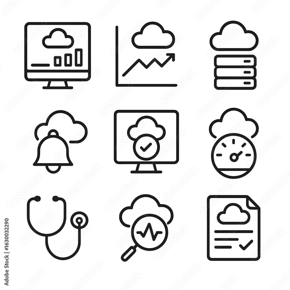 Poster cloud monitoring icons. outline icon set of cloud monitoring: dashboard screen, metrics chart, log a