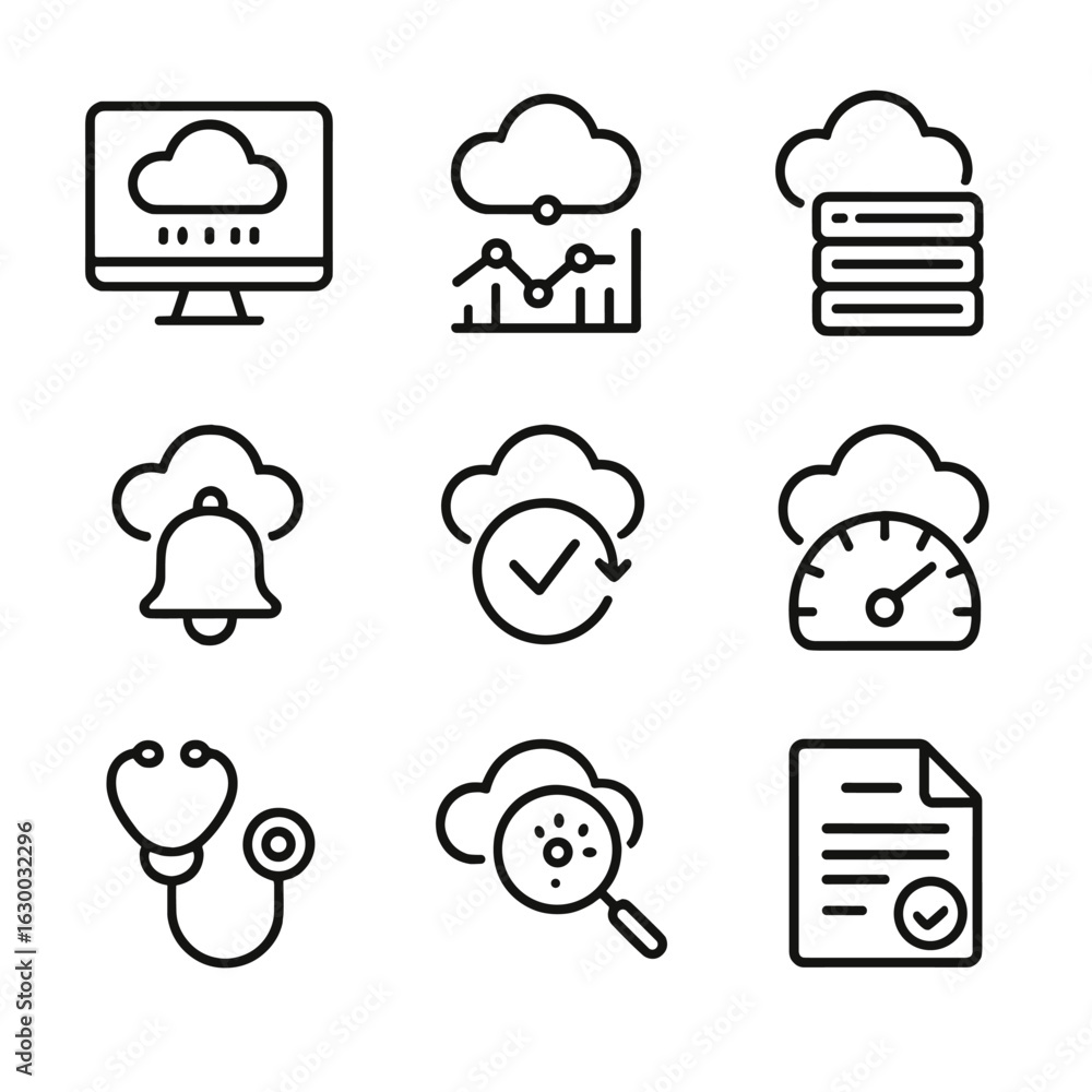 Aufkleber cloud monitoring icons. outline icon set of cloud monitoring: dashboard screen, metrics chart, log a