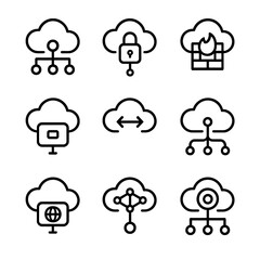 Fototapeta premium Cloud Network Icons. Outline icon set of cloud network: virtual network, cloud VPN, cloud firewall, cloud gateway, cloud peering,