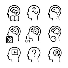 Memory Process Icons. Outline icon set of memory processes: learning, recalling, forgetting, storing, encoding, retrieval,