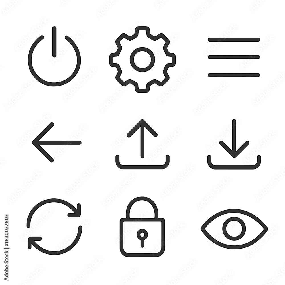 Poster digital interface icon set. outline icon set of digital interface symbols: power button, settings ge
