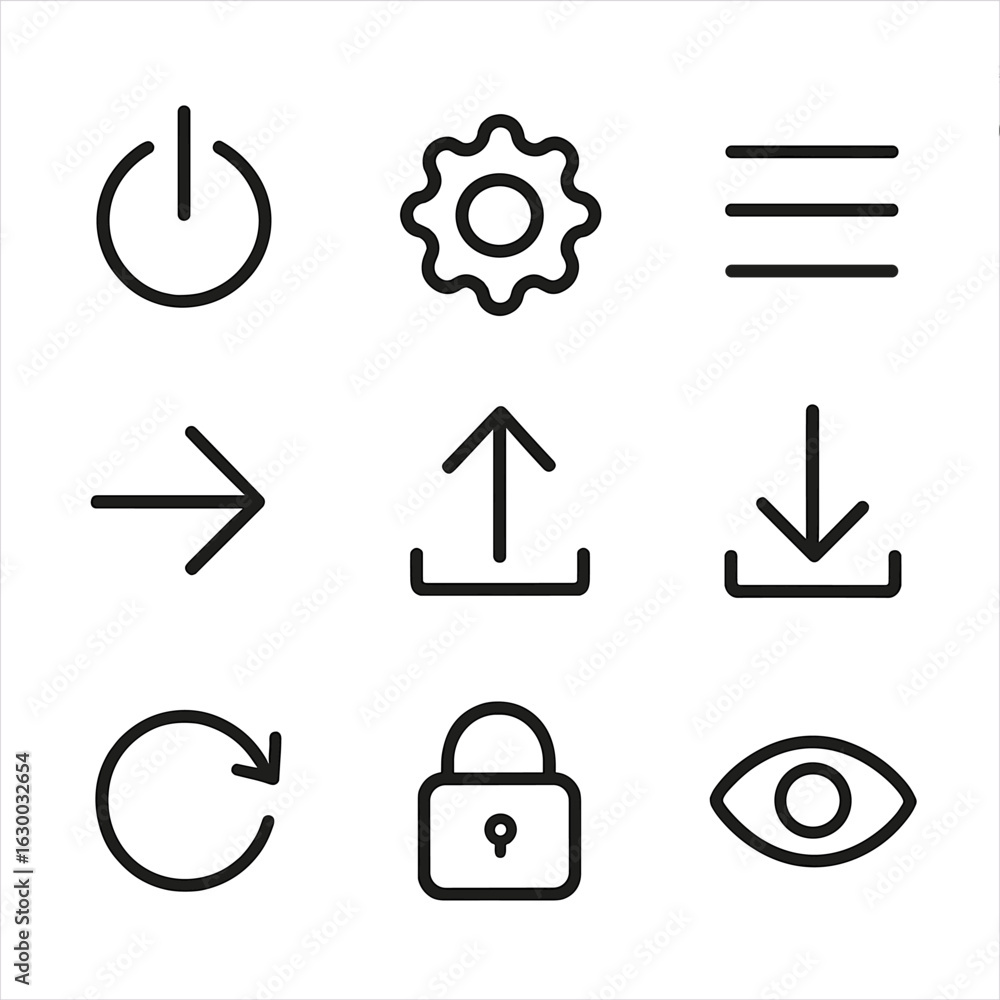 Poster digital interface icon set. outline icon set of digital interface symbols: power button, settings ge
