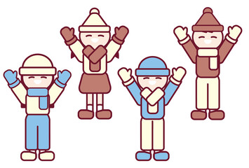 帽子やマフラーで防寒をする子供達