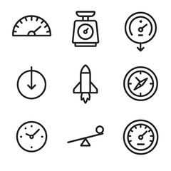 Mercury Metrics Icons. Outline icon set of Mercury scale metrics: equatorial radius gauge, mass scale, density meter, surface