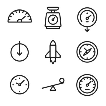 Mercury Metrics Icons. Outline icon set of Mercury scale metrics: equatorial radius gauge, mass scale, density meter, surface