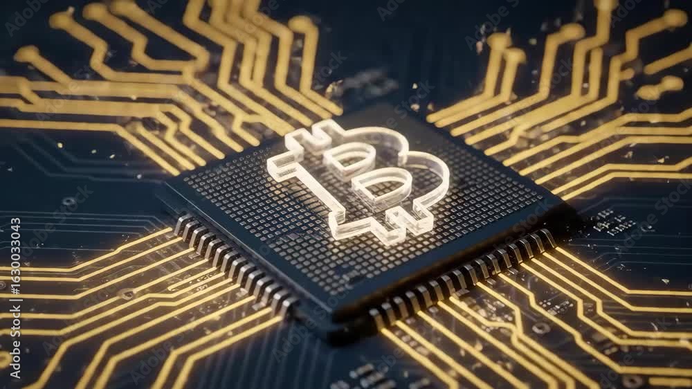 Poster bitcoin chip digital currency on processor with futuristic crypto technology.