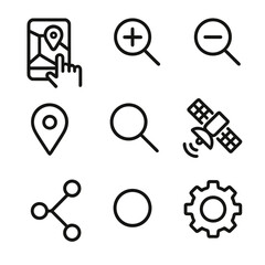 Digital Navigation Icons. Outline icon set of digital navigation: touchscreen map, zoom in, zoom out, pin drop, search icon, GPS