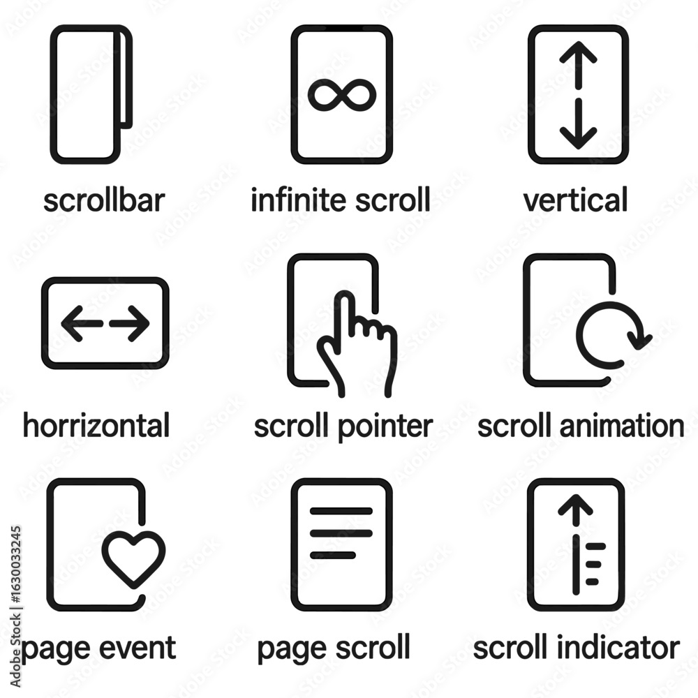 Poster digital scroll icons set. outline icon set of digital scrolls: scroll bar, infinite scroll, vertical