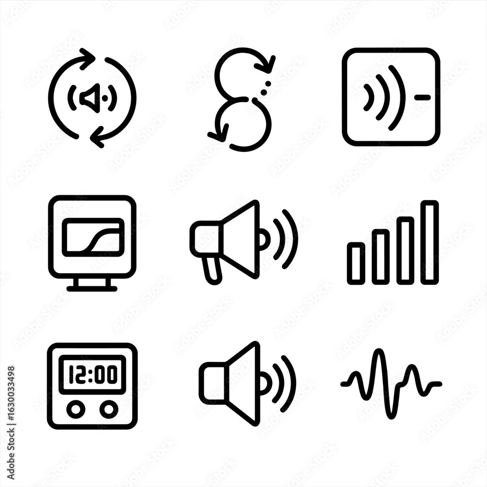 Poster digital sound icon set. outline icon set of digital echo: digital feedback, delay effect, sound dist