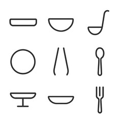 Fototapeta premium Minimal Serveware Icons. Outline icon set of minimalist serveware: plain tray, simple bowl, basic ladle, smooth platter,