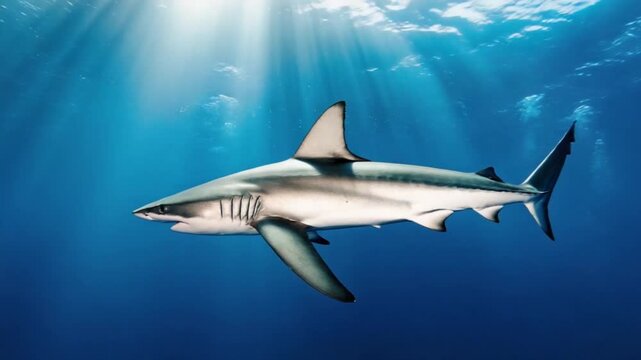 blue shark swimming in clear deep ocean water video