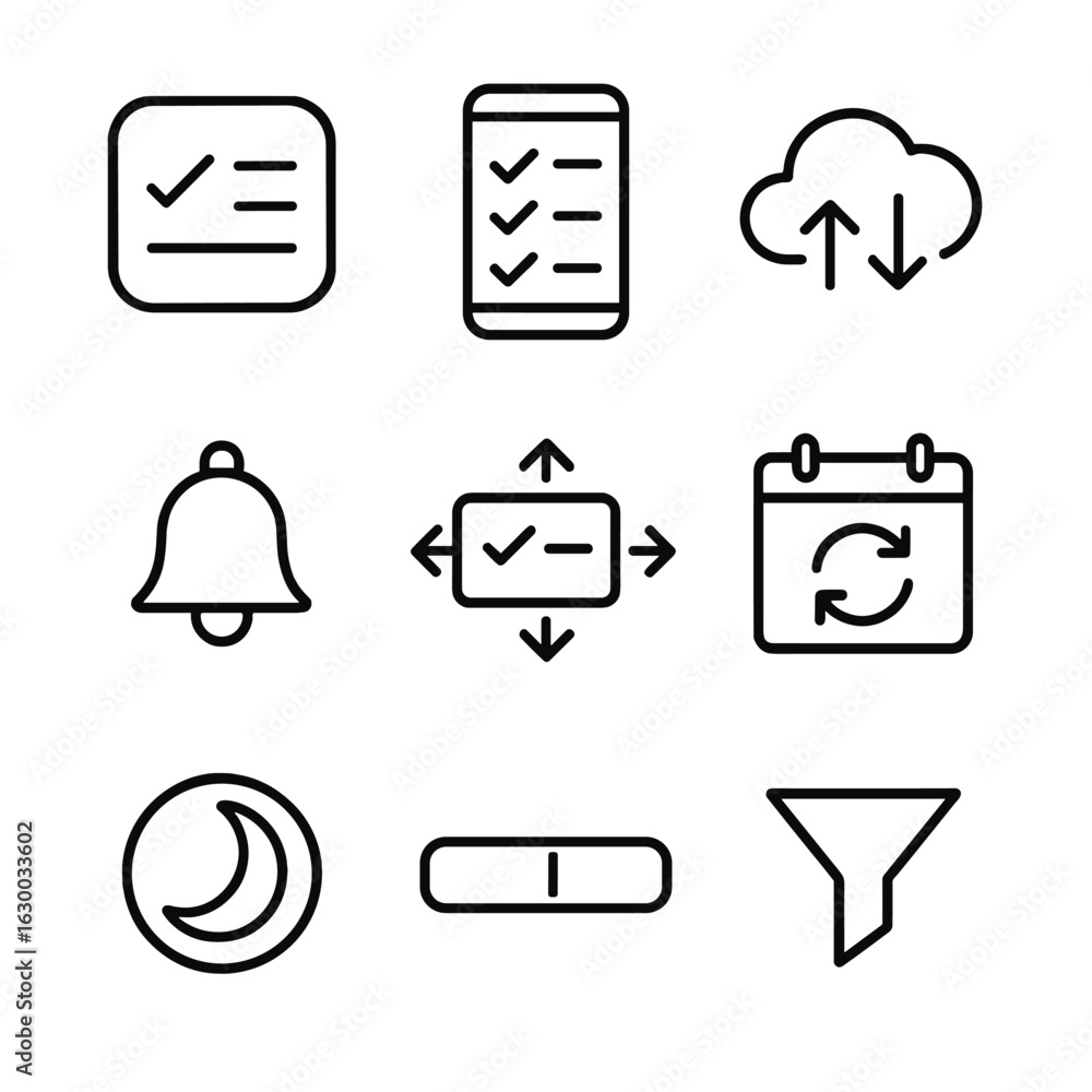 Poster digital task icons. outline icon set of digital task tools: task app icon, mobile checklist, cloud s