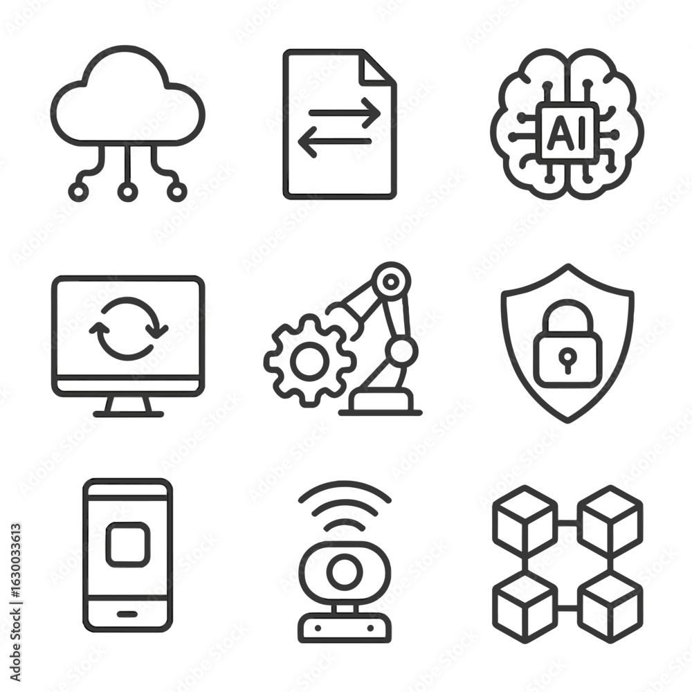 Poster digital transformation icons. outline icon set of digital transformation: cloud computing, data migr