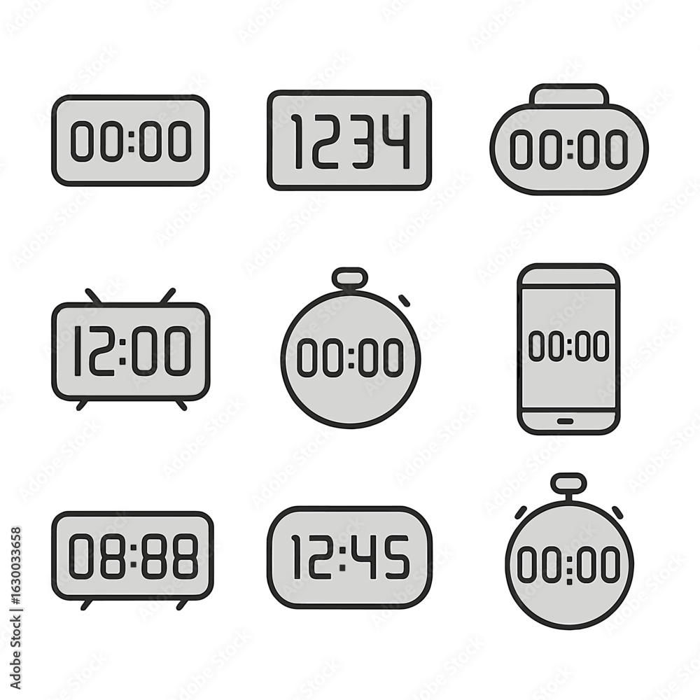 Poster digital time icon set. outline icon set of digital time displays: countdown screen, numeric display,