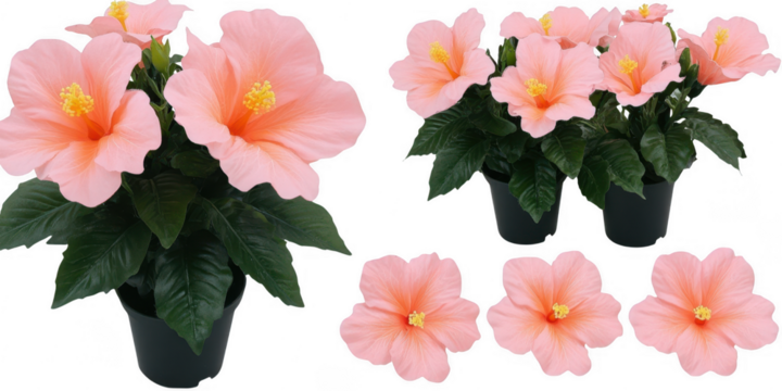 Pink hibiscus flowers in pots and loose on transparent png background