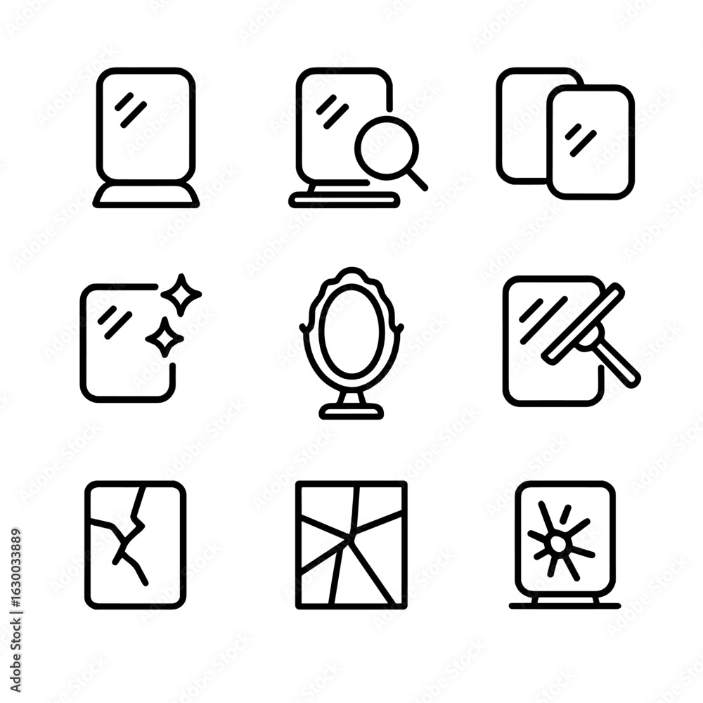 Poster mirror icon set. outline icon set of mirror functions: reflection, magnification, double reflection,