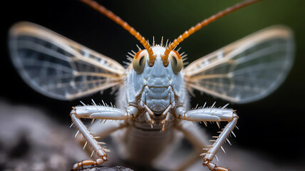 Close up of a pale blue grasshopper with translucent wings spread wide