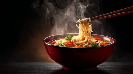 Delicious steaming ramen noodle soup with fresh vegetables presented in a red bowl with chopsticks ready to eat a culinary delight